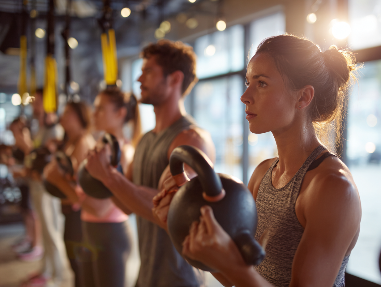 Різновікова група людей займається функціональним тренуванням в сучасному фітнес-центрі